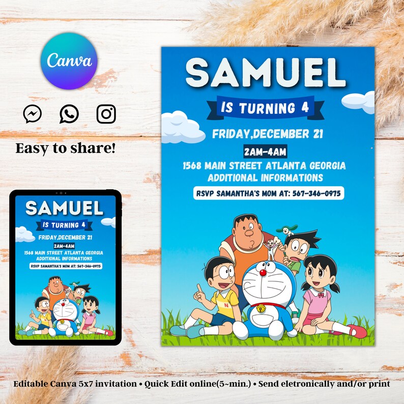 Editable Doraemon Birthday Invitation Templete Printable Etsy Australia