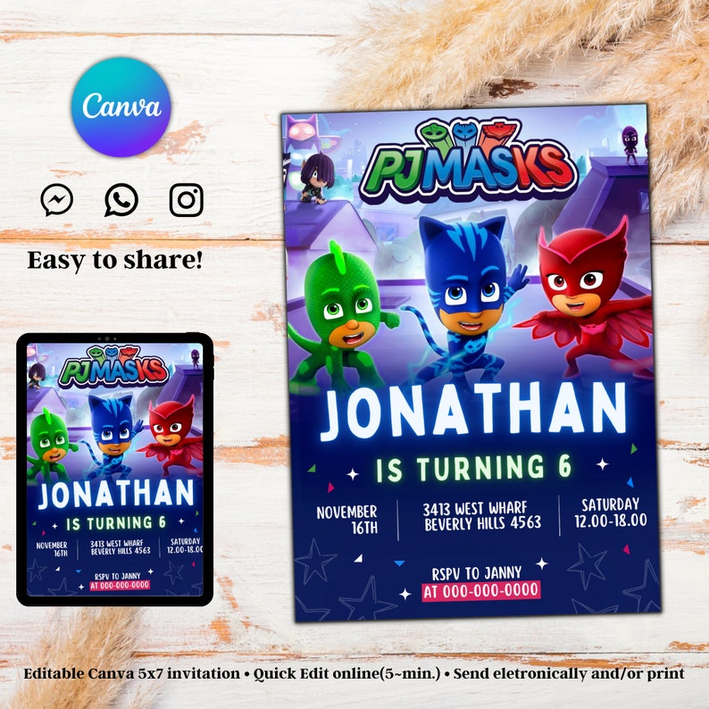 Editable Pj Mask Birthday Invitation Templete Printable Etsy Canada