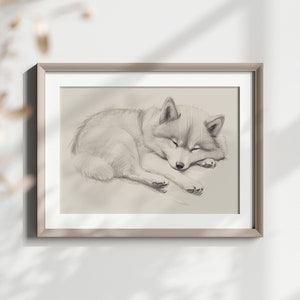 眠る柴犬の鉛筆スケッチアートプリント（デジタルダウンロード）