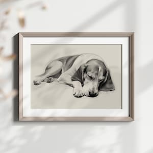 Puede incluir: Un dibujo a lápiz en blanco y negro de un perro beagle durmiendo. El perro está acostado de lado con la cabeza apoyada en sus patas.