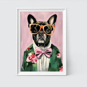 French Bulldog Fashion Art Print: Floral Suit, Bowtie (Digital Download)