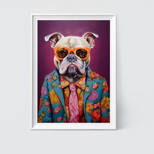 Fashion English Bulldog Art Print: Floral Suit, Sunglasses (Digital Download)