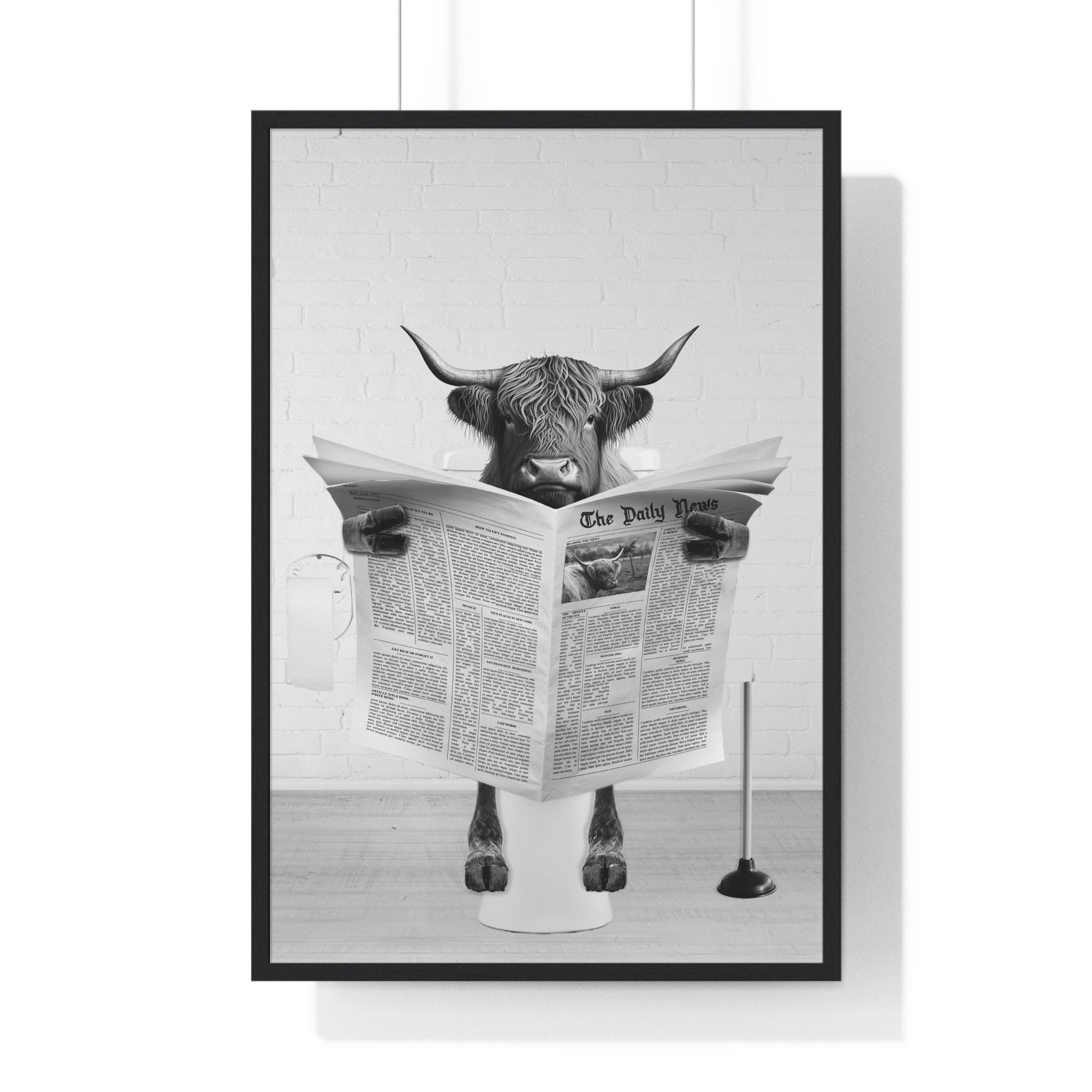 Scottish Highland Cow in Bathroom, Funny Bathroom Print, Bathroom Humor, Black and White, Animal on toilet, Whimsy Animal Art, Kids Bathroom
