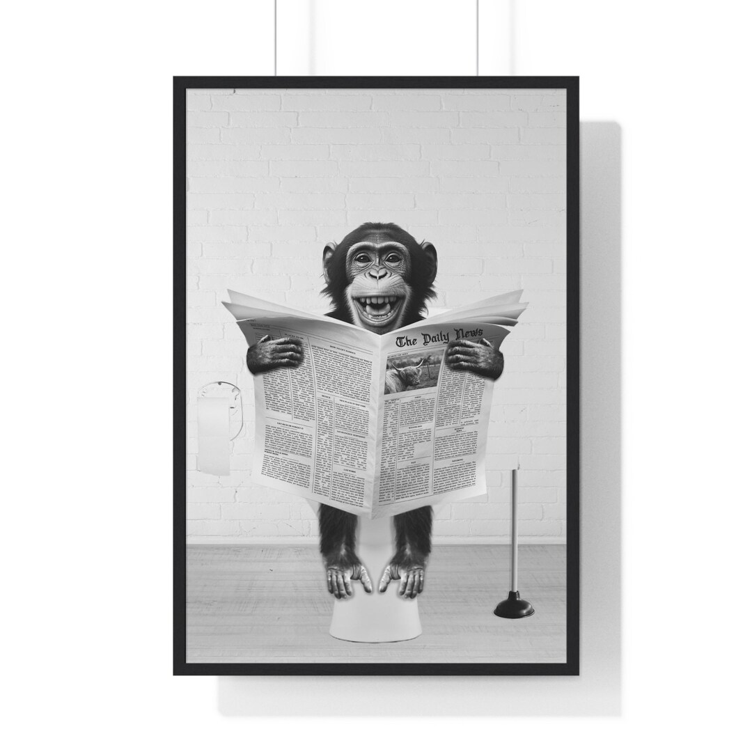 Chimpanzee Monkey Wall Art, Funny Bathroom Art, Black and White