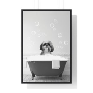 Shih Tzu Bathroom Print: Funny Dog in Tub, Black and White (Digital Download)