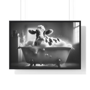 Cow in Bathtub Print: Funny Bathroom Black and White Animal Art (Digital Download)