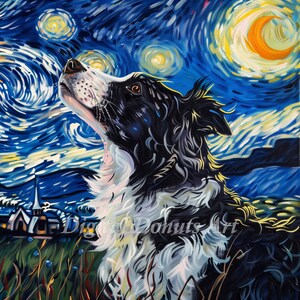 Border Collie Dog Starry Night Art Print Picture dog art gifts home decor bathroom art digital download - Square