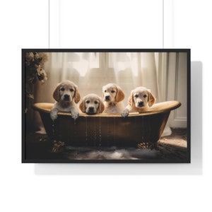 Cuccioli di Golden Retriever nella vasca da bagno: stampa divertente per il bagno (download digitale)