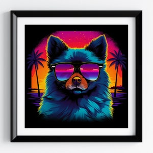 Pomeranian Art Print, Synth Art, Synthwave Art, Abstract Art, Pet Portrait, Dog Portrait, 80s artwork