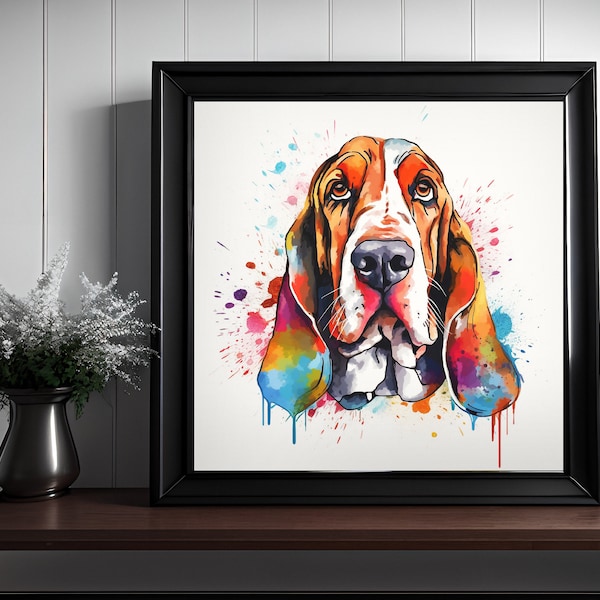 Basset Hound Watercolor Wall Art, Funny Bathroom Print, Watercolor Splatter Art, Bathroom Art, Watercolor Dog Art