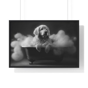 Funny Golden Retriever in Bathtub Print: Black and White Bathroom Art (Digital Download)