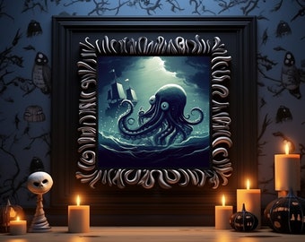 Kraken Gothic Wall Art Print, Home Decor, Digital Art Print, Horror Art, Halloween Art