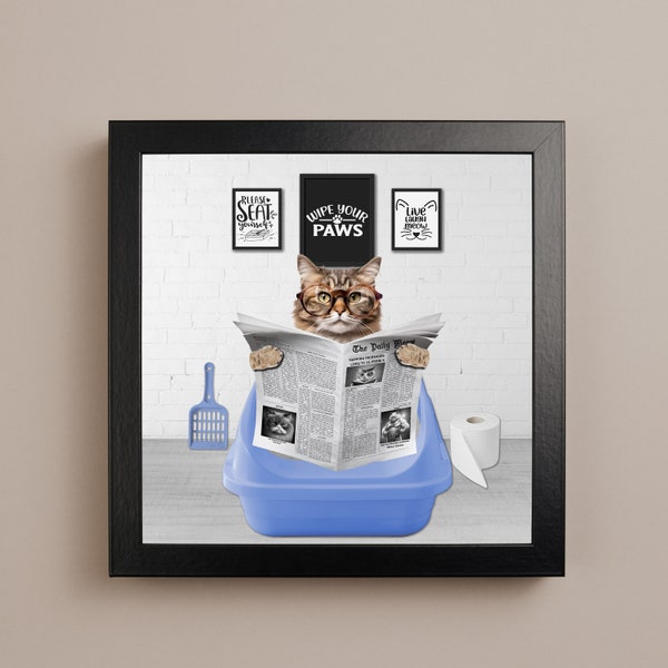 Funny Cat in the litterbox, Ragamuffin Cat, Brown Cat, cat with glasses, cat wall decor, cat art print, funny cat, cute cat