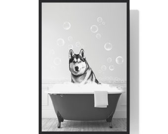 Husky Wall Art, Funny Bathroom Print, Dog Bathroom Print, Bathroom Art, Husky Printable, Black and White