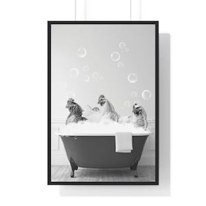 面白い鶏のバスルームアートプリント：白黒動物写真（デジタルダウンロード）