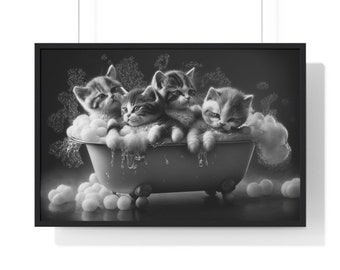 Kittens in a bathtub Print, Funny Bathroom Print, Animal in bathtub, Kittens in a Tub Print, Black and White, Whimsy Animal Art