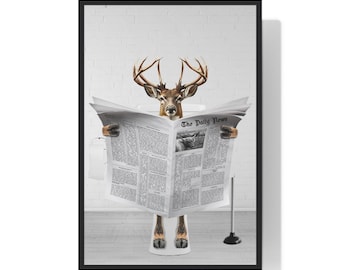 Funny Deer Bathroom Print: Reading Newspaper Animal Art (Digital Download)