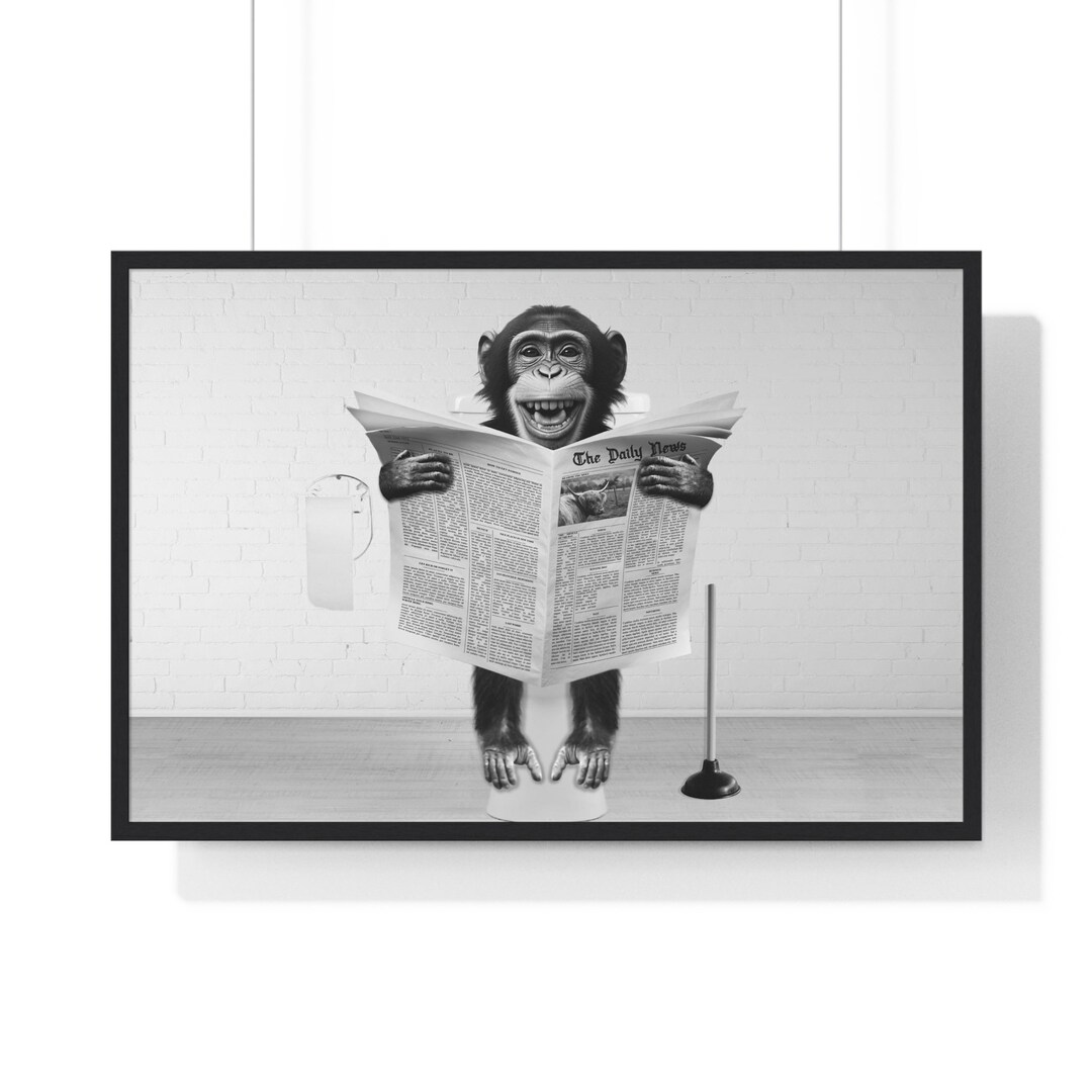 Chimpanzee Monkey Wall Art, Funny Bathroom Art, Black and White