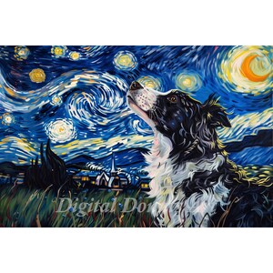 Border Collie Dog Starry Night Art Print Picture dog art gifts home decor bathroom art digital download - Landscape