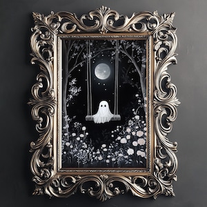 Cute Ghost on Swing in flower woods digital print dark academia Victorian gothic spooky decor horror vintage creepy goth wall art painting