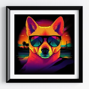 柴犬のシンセウェーブアートプリント：80年代風犬の肖像画（デジタルダウンロード）