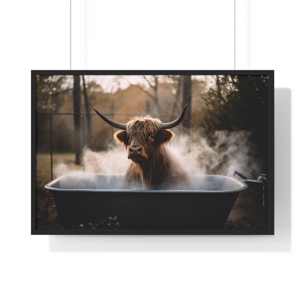 Scottish Highland Cattle in a bathtub Print, Funny Bathroom Print, Animal in bathtub, Highland Cow in Tub Print, Whimsy Animal Art