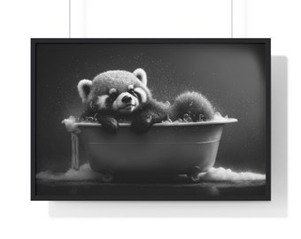 Red Panda in a bathtub Print, Funny Bathroom Print, Animal in bathtub, Red Panda in a Tub Print, Black and White, Whimsy Animal Art