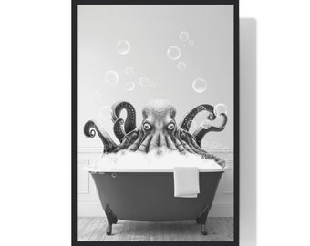 Kraken Wall Art, Funny Bathroom Print, Mythical Creature Bathroom Print, Bathroom Art, Kraken Printable, Black and White, Funky Home Decor