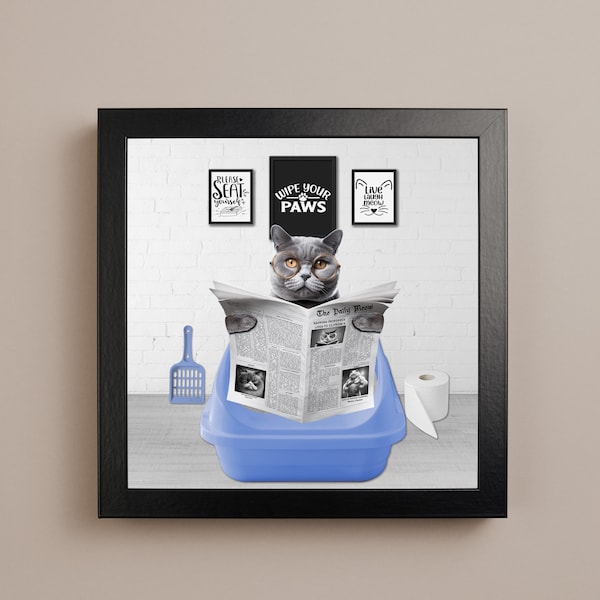 Funny Cat in the litterbox, Chartreux Cat, Gray Cat, cat with glasses, cat wall decor, cat art print, funny cat, cute cat