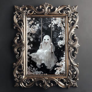 Cute Ghost on Swing in flower woods digital print dark academia Victorian gothic spooky decor horror vintage creepy goth wall art painting
