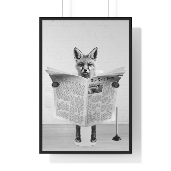 Fox Sitting on Toilet, Bathroom Humor, Funny Bathroom Print, Black and White, Animal on toilet, Whimsy Animal Art, Kids Bathroom