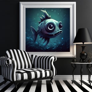 Impressão de parede de peixe gótico: decoração de Halloween de terror (download digital)