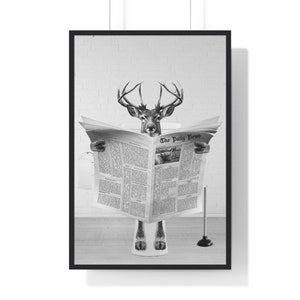 Funny Deer Bathroom Print: Reading Newspaper, Whimsical Animal Art (Digital Download)