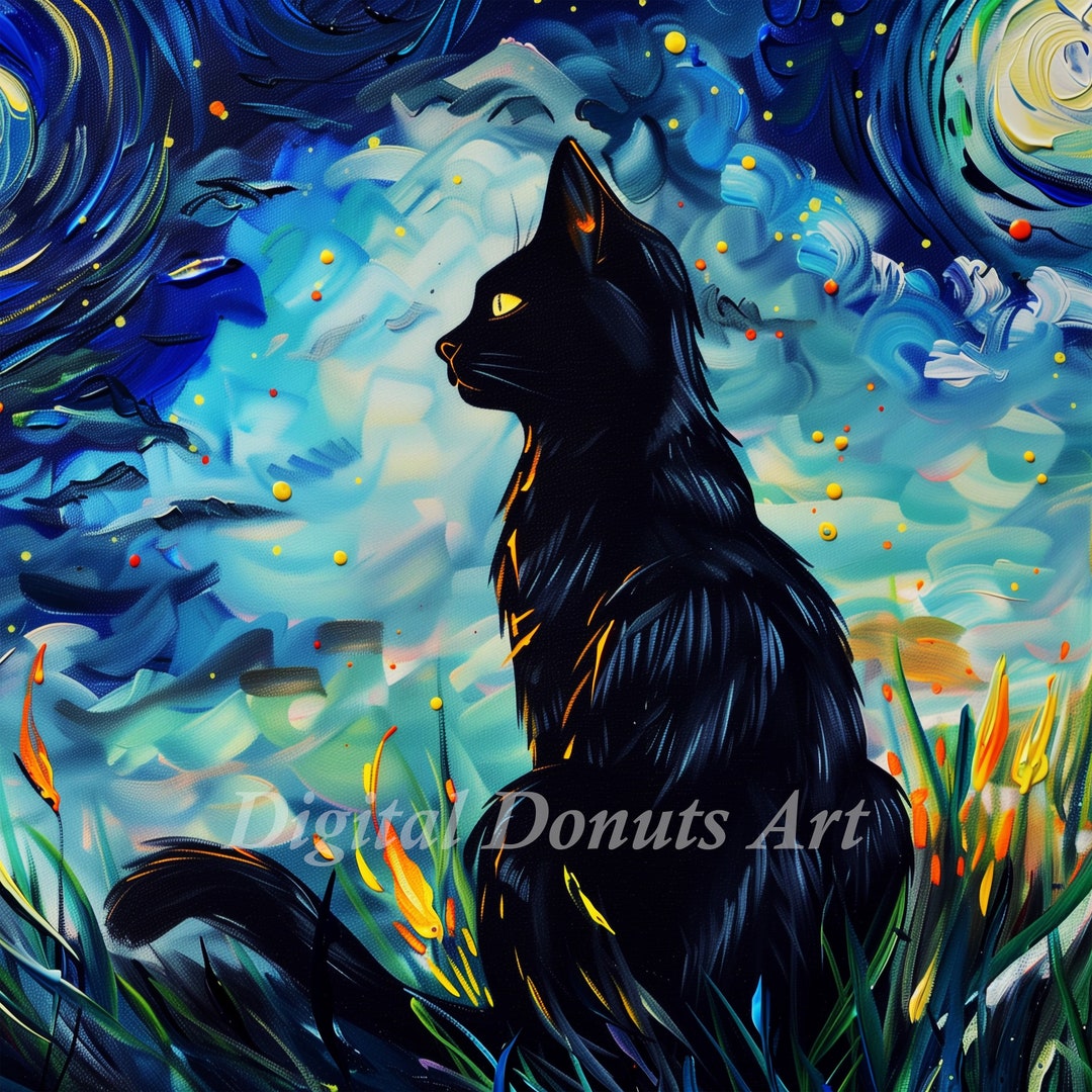 Black Cat Starry Night Art Print Picture Cat Art Gifts Home Decor ...