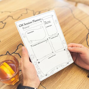 Könnte beinhalten: Eine Person hält ein weißes Blatt Papier mit dem Titel "GM Session Planner" und einer Checkliste für einen Spielleiter. Das Papier ist in Abschnitte mit Überschriften wie "Sessionziel", "Eröffnungs-Hooks", "Untersuchungen & Begegnungsherausforderungen", "Verfügbare NPCs", "Standort & NPC-Notizen" unterteilt.