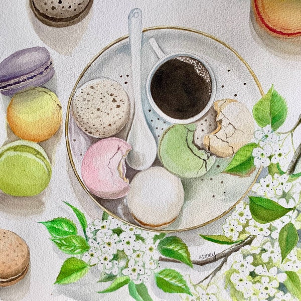 Café et Macarons, aquarelle originale