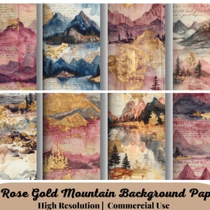 46 Rose Gold Mountain Peeks Background Paper, Whimsical Mountains Background Images, Mountains Digital Paper, Printable Paper, Landscape