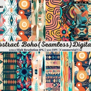 Könnte beinhalten: Eine Sammlung von 24 abstrakten Boho-Digitaldesigns. Die Muster zeigen eine Vielzahl von farbenfrohen geometrischen und organischen Formen in Orange-, Türkis- und Marine-Tönen. Der Text lautet "Abstract Boho (Seamless) Digital" und "12x12 High Resolution JPG | 300 DPI | Commercial Use."