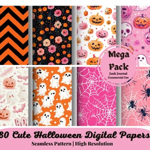 80 niedliche Halloween Themed Digital Papers, nahtlose kommerzielle Nutzung Sofort-Download Halloween Themed Digital Paper, Pink und Orange Halloween