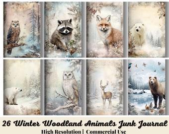 26 Winter Woodland Animals Junk Journal Kit, Winter Forest Junk Journal Printable Pages, Winter Junk Journal Paper, Digital Collage Sheet