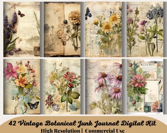 42 Vintage Botanische Junk Journal Digitale Kit, Bloemen afdrukbare decoratieve dagboekpagina's, Kruidencollageblad, Scrapbookpapierkit, Natuur