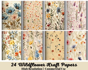 24 Vintage Papers, Kraft Wildflower, Junk Journal, Papers, Shabby Chic Papers, Digital Junk Journaling, Shabby Chic Junk Journal, Printable