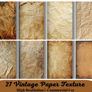May include: Eight different vintage paper textures in various shades of brown, beige, and cream. The paper is crumpled and has a distressed look. The text at the bottom reads "27 Vintage Paper Texture High Resolution | Commercial Use".