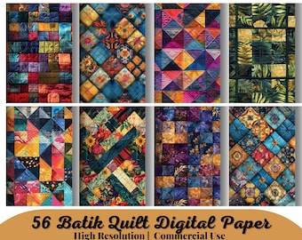 May include: 56 digital papers featuring colorful batik quilt patterns. The patterns are a mix of geometric shapes, floral designs, and abstract patterns. The papers are high resolution and can be used for commercial purposes.