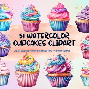 51 Cupcakes de acuarela Clipart, Cupcake Clip Art PNG, Paquete de Cupcakes de acuarela, Postre Clipart Png, Cupcake Clipart, Uso comercial