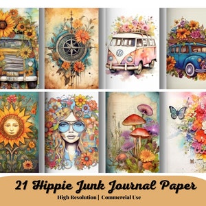 21 papier journal hippie indésirable | Pages de revue | Papier pour scrapbooking | Kit numérique | Caravane | Paix | Fleurs | Bohème | Téléchargement instantané