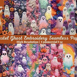 55 Naadloze pastelkleurige spookborduursels Papier, naadloos Halloween-borduurwerk, naadloos pastelkleurige Halloween-borduurwerk, trippy ghost
