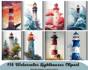 116 Watercolor Lighthouses Clipart, cute, nautical, ocean, clip art, graphics in PNG format instant download for commercial use