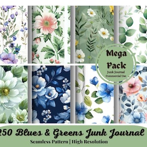 250 Blues & Greens Watercolor Floral Printable Paper Seamless Shabby Chic Digital Download Wildflower Scrapbook Junk Journal Ephemera JPG