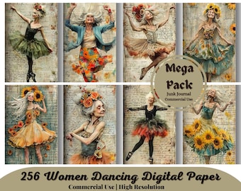 256 Old Lady Ballerina, Junk Journal Pages, Funny Old Women Dancing, Half Digital Pages, High Quality, Instant Download, Digital Paper